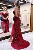 Beautiful Mermaid V Neck Sequins Long Prom Dress with Slit BM bride
