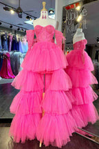 Hot Pink Off-Shoulder A-Line Tulle Layers Applique Hi-Low Prom Dress BM bride