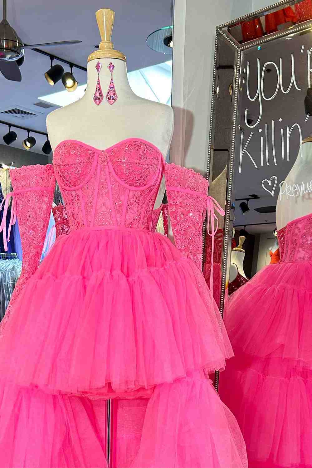 Hot Pink Off-Shoulder A-Line Tulle Layers Applique Hi-Low Prom Dress BM bride