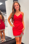 Chic V-Neck Pleated Sheath Homecoming Dress with Tassels BM bride