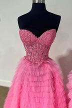 Elegant A-Line Strapless Multi-Layers Tulle Prom Dress with Slit BM bride