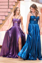 Modern Metallic Keyhole Spaghetti Strap Long Prom Dress with Slit BM bride