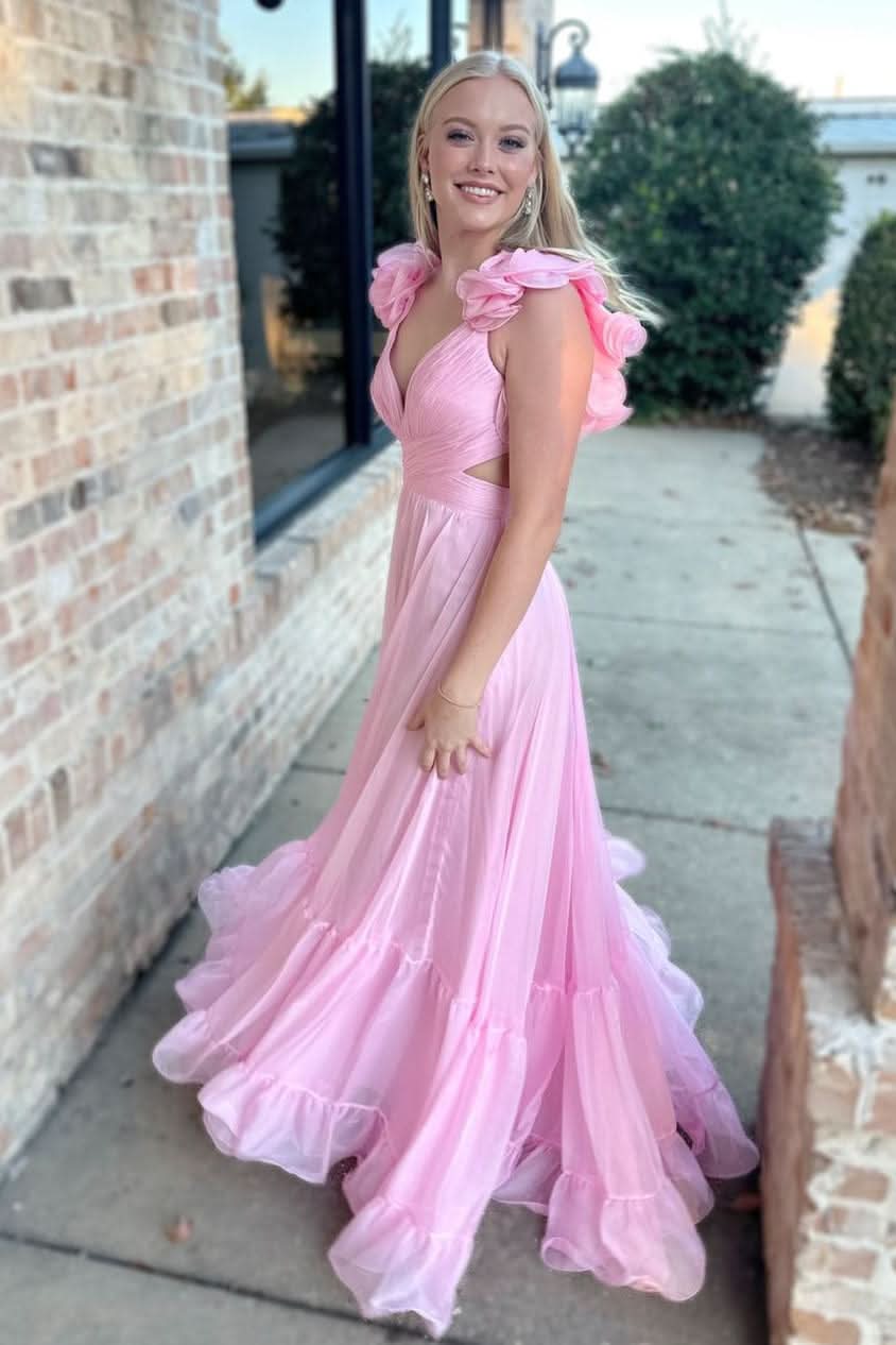 Charming Lace-Up Fuchsia V-Neck Ruffle Pleated Long Prom Dress BM bride