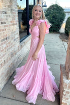 Charming Lace-Up Fuchsia V-Neck Ruffle Pleated Long Prom Dress BM bride