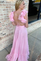 Charming Lace-Up Fuchsia V-Neck Ruffle Pleated Long Prom Dress BM bride