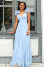 Charming Lace-Up Fuchsia V-Neck Ruffle Pleated Long Prom Dress BM bride