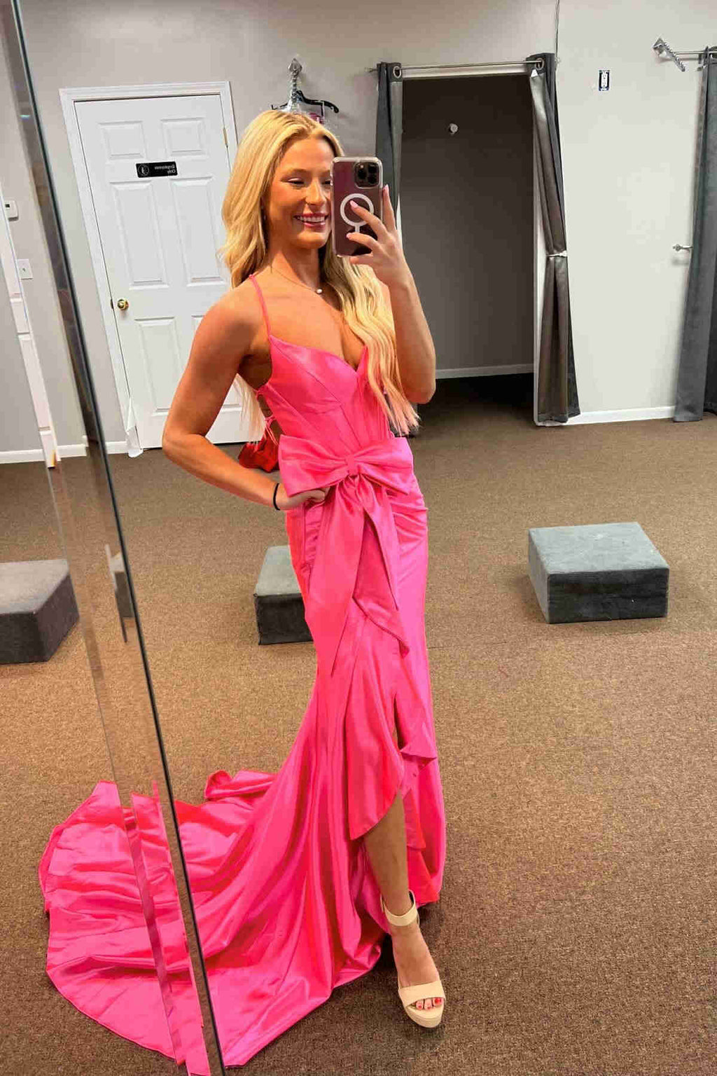 Stylish Straps V-Neck Satin Mermaid Prom Dress with Bow BM bride