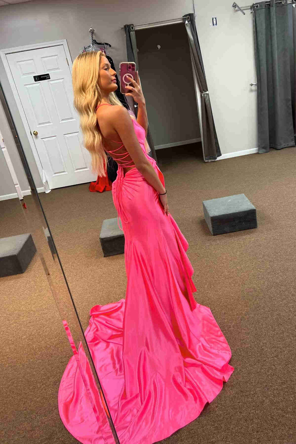 Stylish Straps V-Neck Satin Mermaid Prom Dress with Bow BM bride