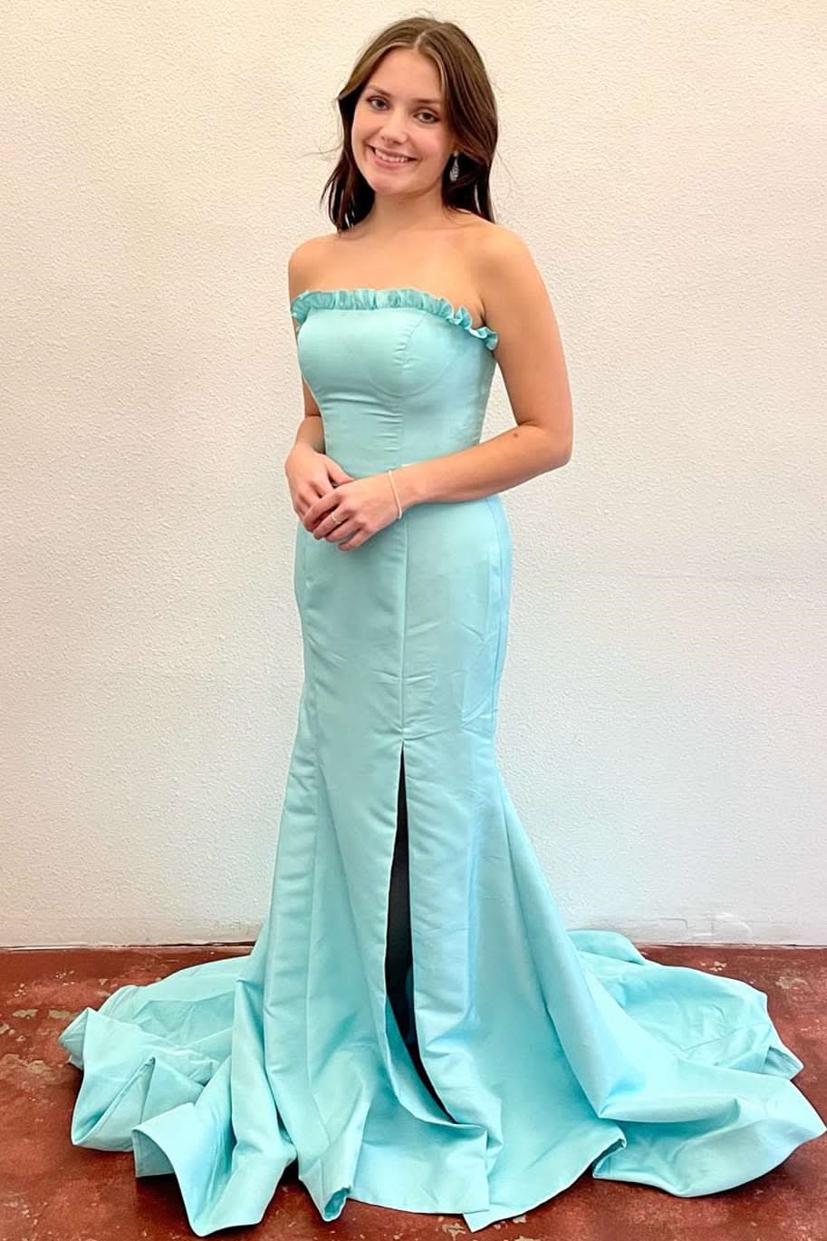 Bold Strapless Magenta Ruffle Mermaid Slit Long Prom Dress BM bride