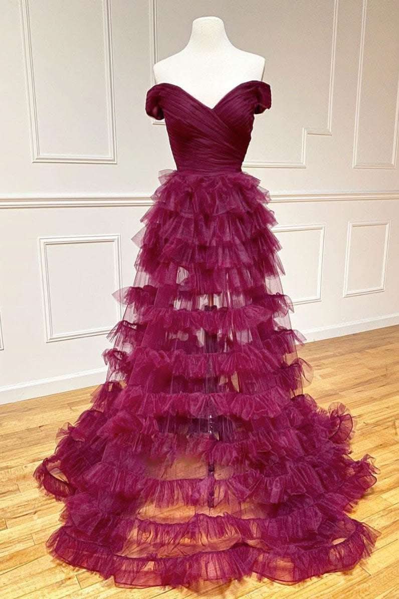 Elegant Off-the-Shoulder Dark Berry Pleated Sheer Tiered Prom Dress BM bride