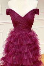 Elegant Off-the-Shoulder Dark Berry Pleated Sheer Tiered Prom Dress BM bride