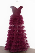 Elegant Off-the-Shoulder Dark Berry Pleated Sheer Tiered Prom Dress BM bride