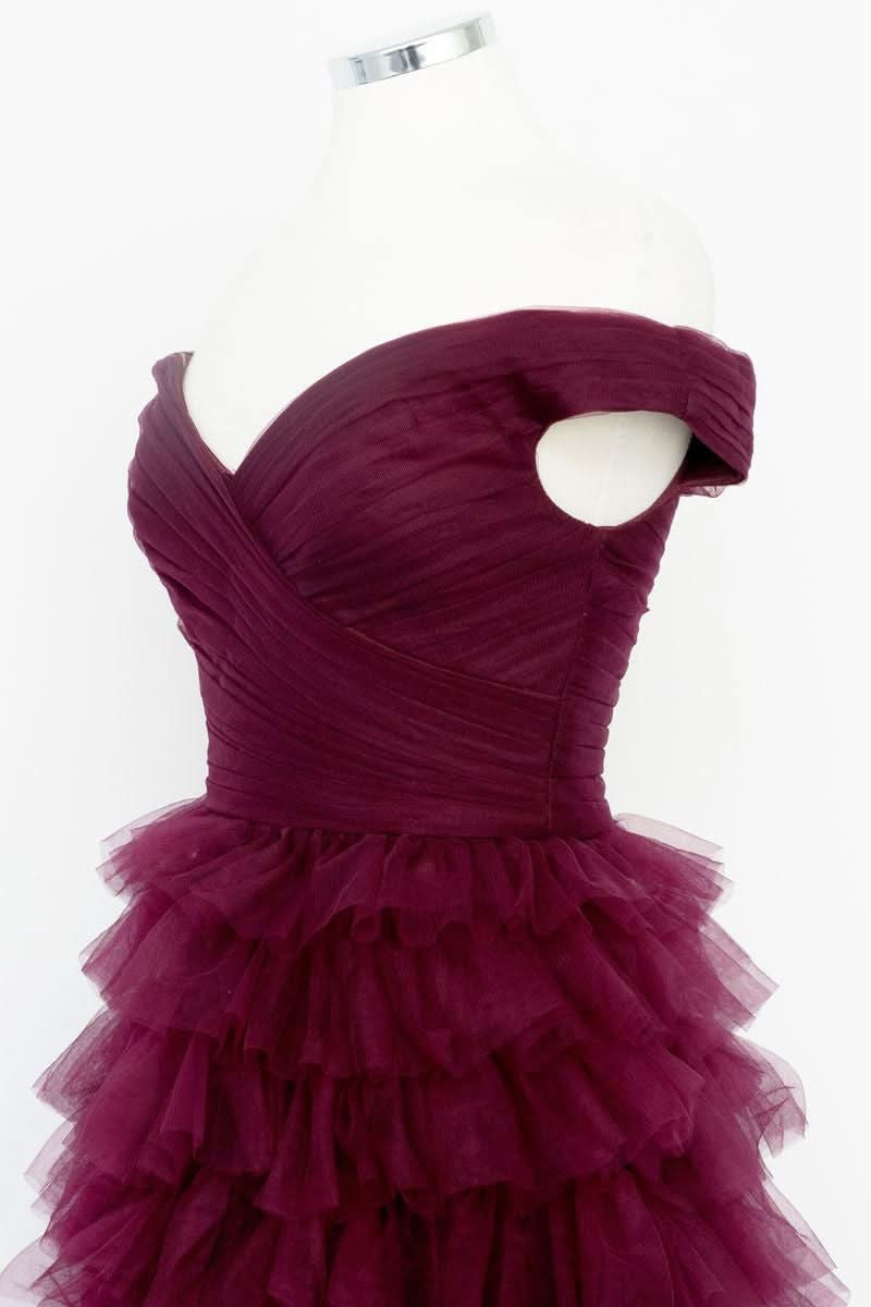 Elegant Off-the-Shoulder Dark Berry Pleated Sheer Tiered Prom Dress BM bride