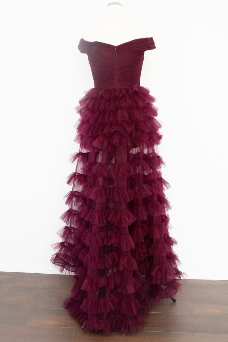Elegant Off-the-Shoulder Dark Berry Pleated Sheer Tiered Prom Dress BM bride