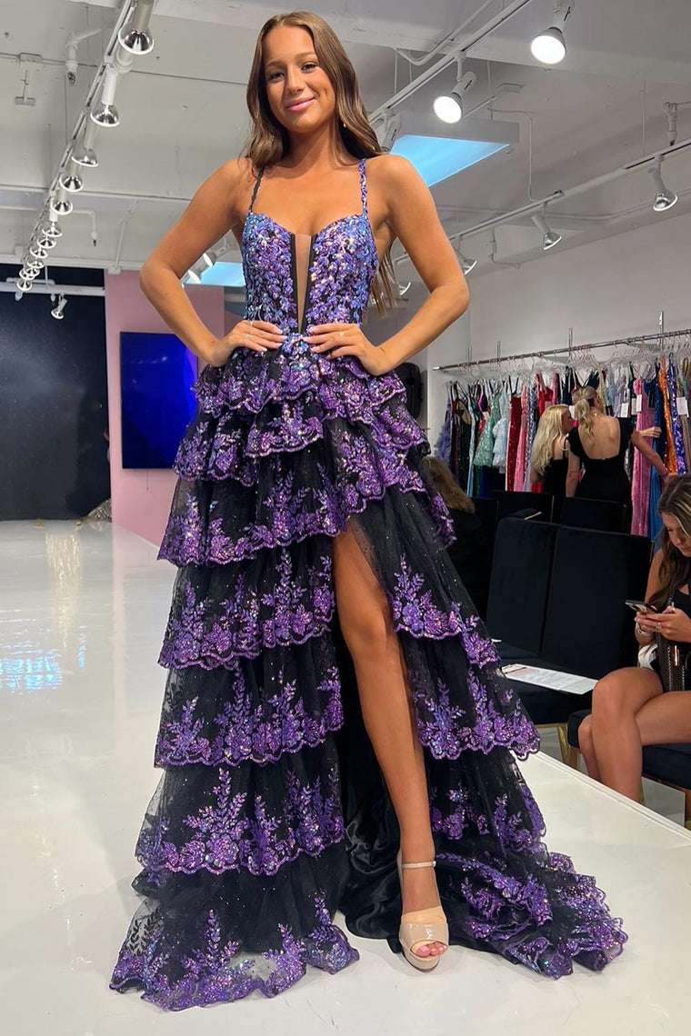 Fuchsia Sequin Layered Formal Dress with Slit BM bride