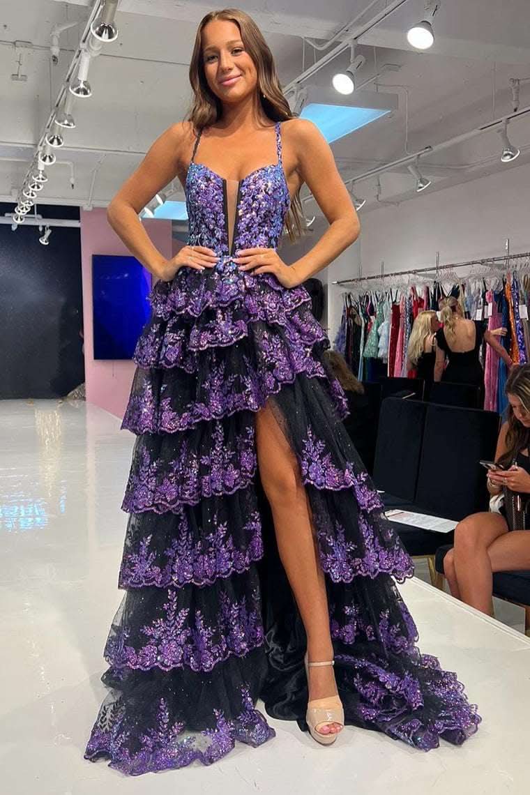 Fuchsia Sequin Layered Formal Dress with Slit BM bride