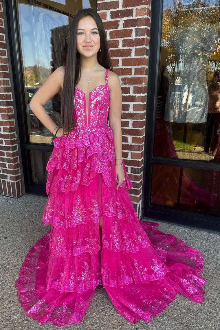 Fuchsia Sequin Layered Formal Dress with Slit BM bride