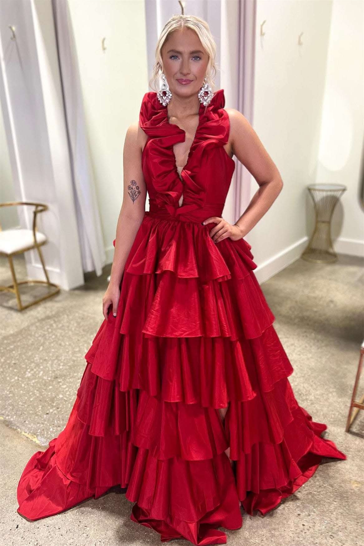 Lovely Halter Red Ruffle Tiered A-Line Prom Dress for a Chic Evening Look BM bride