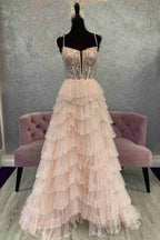 Fashionable Straps Black Mesh Cutout Sequined Layered Long Prom Dress BM bride