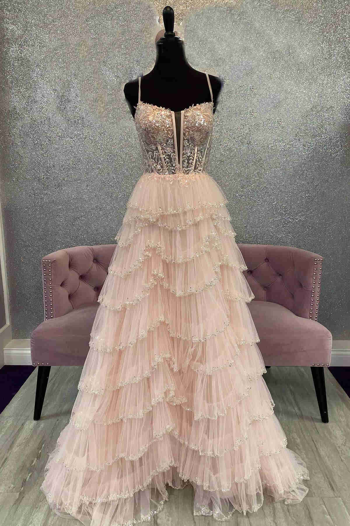Fashionable Straps Black Mesh Cutout Sequined Layered Long Prom Dress BM bride