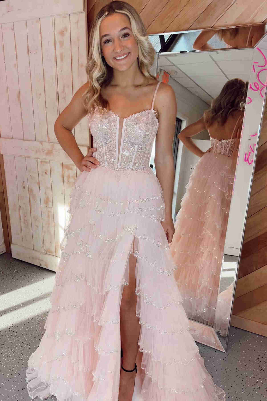 Fashionable Straps Black Mesh Cutout Sequined Layered Long Prom Dress BM bride