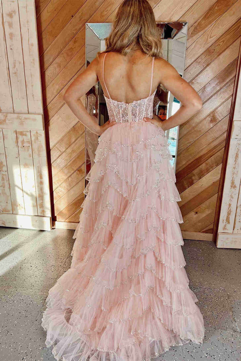 Fashionable Straps Black Mesh Cutout Sequined Layered Long Prom Dress BM bride