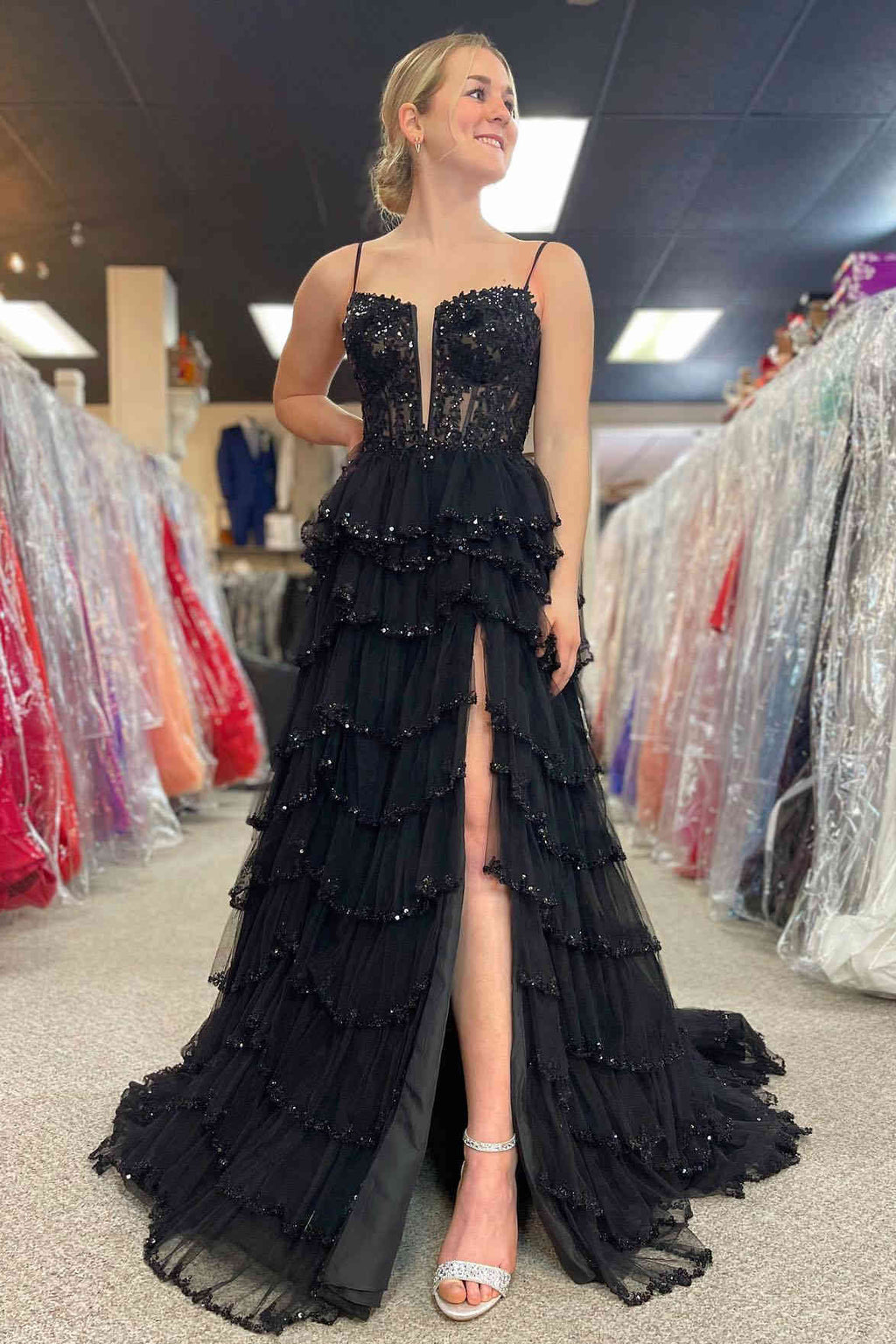 Fashionable Straps Black Mesh Cutout Sequined Layered Long Prom Dress BM bride