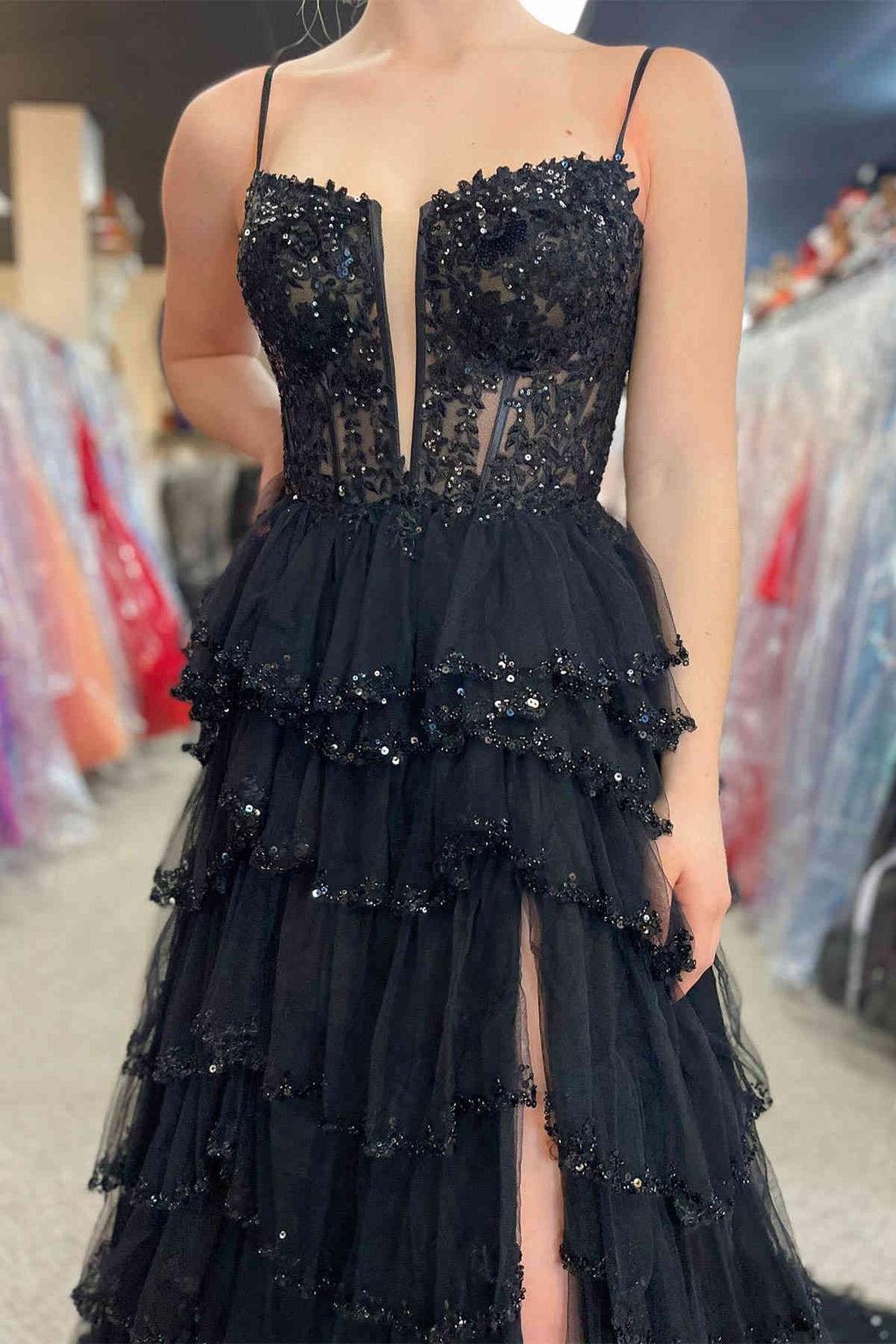 Fashionable Straps Black Mesh Cutout Sequined Layered Long Prom Dress BM bride