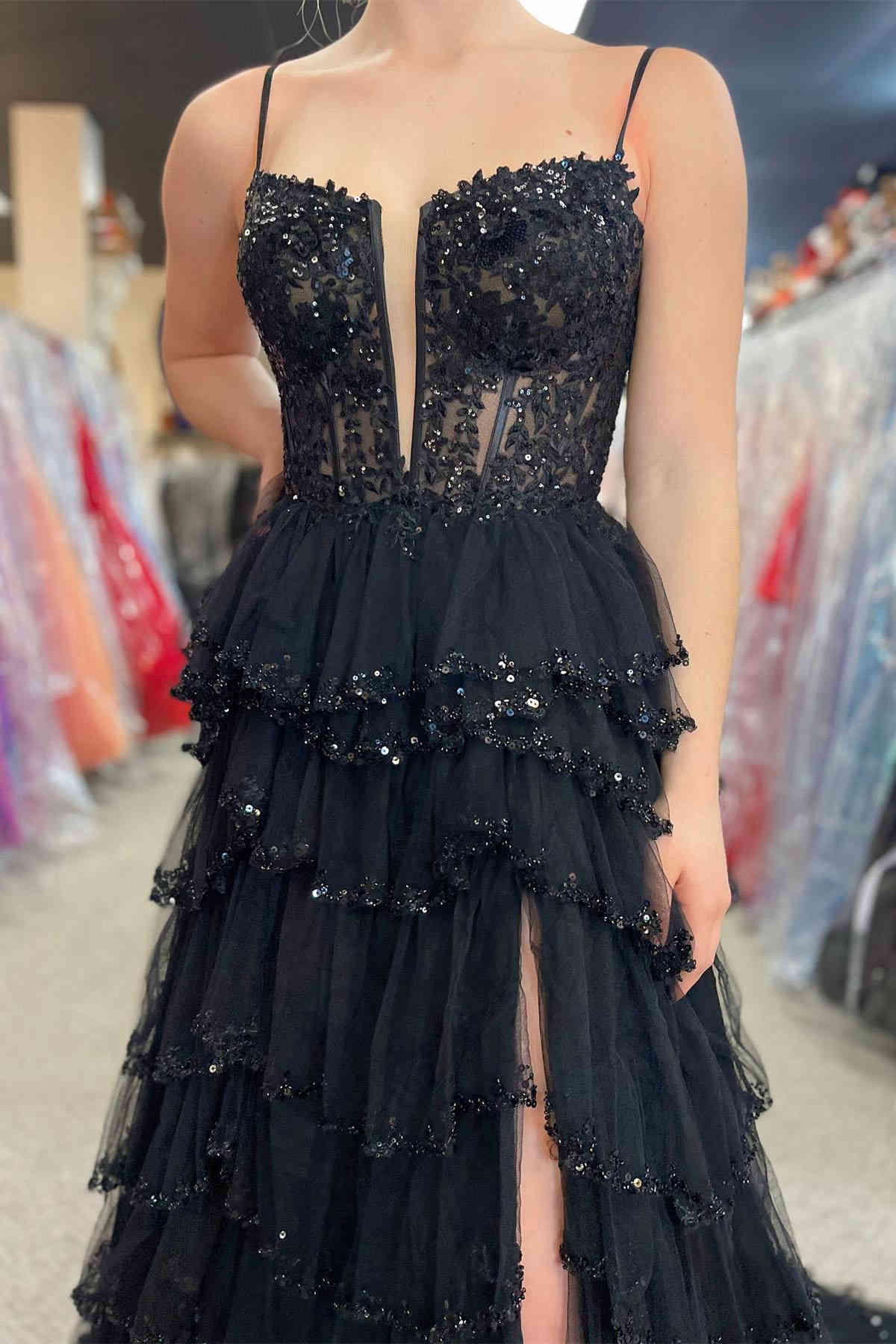 Fashionable Straps Black Mesh Cutout Sequined Layered Long Prom Dress BM bride