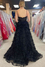 Fashionable Straps Black Mesh Cutout Sequined Layered Long Prom Dress BM bride