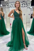 Stylish A-line Spaghetti Straps Corset Back Prom Dress with a Flattering Split BM bride