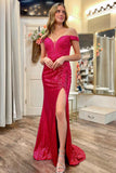 Striking Mermaid Off-the-Shoulder Magenta Sequin Prom Dress with Appliques BM bride