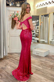 Striking Mermaid Off-the-Shoulder Magenta Sequin Prom Dress with Appliques BM bride
