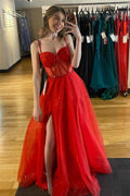 Glittering Red Straps Beaded A-Line Formal Dress with an Elegant Slit BM bride