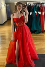 Glittering Red Straps Beaded A-Line Formal Dress with an Elegant Slit BM bride