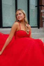 Glittering Red Straps Beaded A-Line Formal Dress with an Elegant Slit BM bride