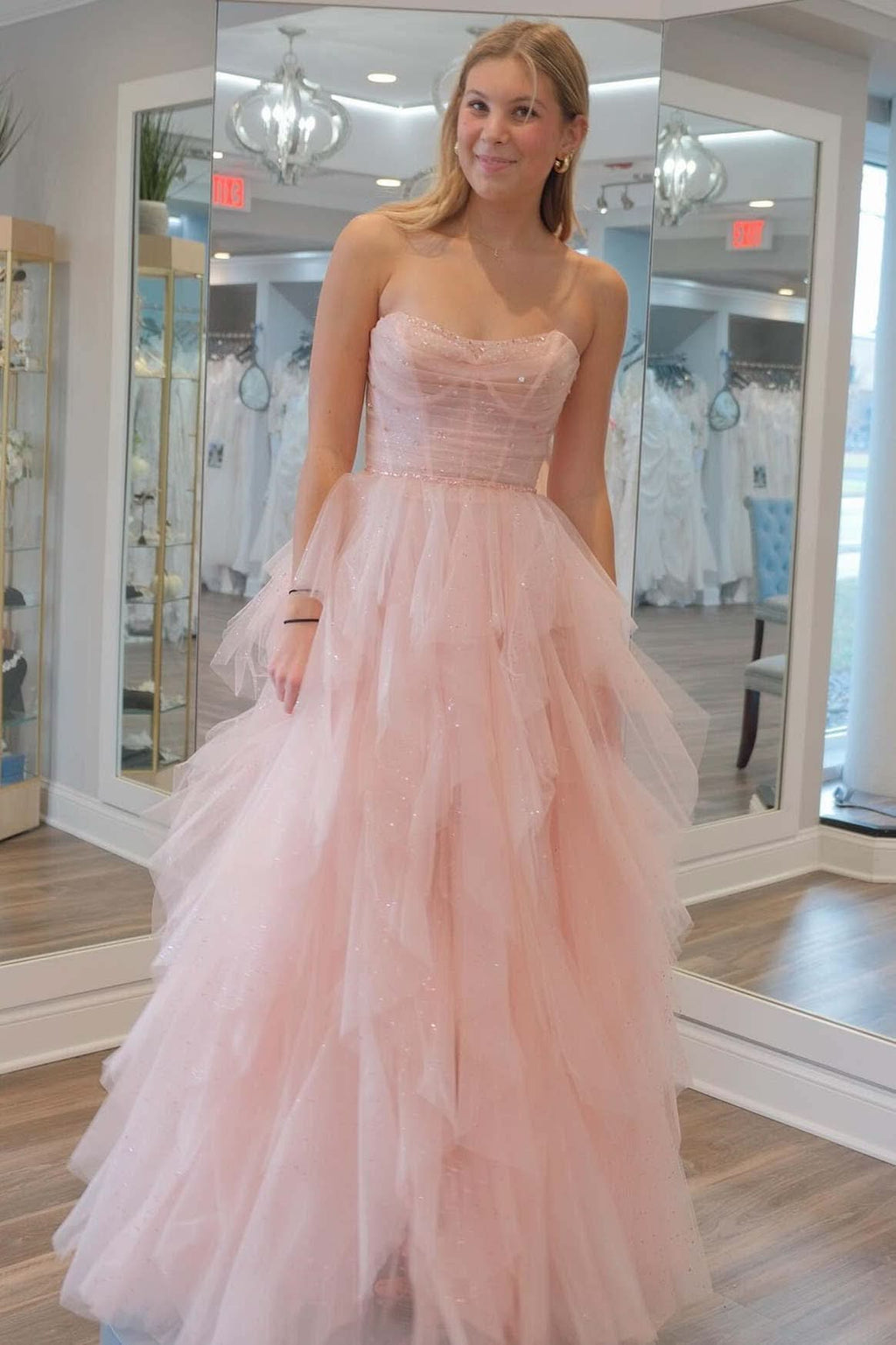 Charming Strapless Light Pink Sequin Beaded Ruffle Tulle Prom Dress BM bride