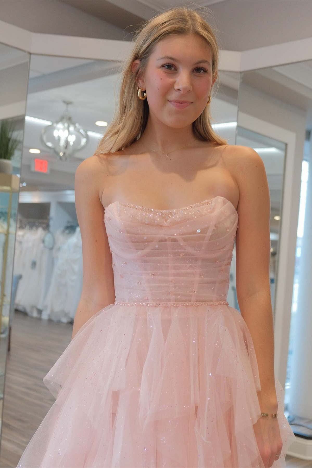 Charming Strapless Light Pink Sequin Beaded Ruffle Tulle Prom Dress BM bride