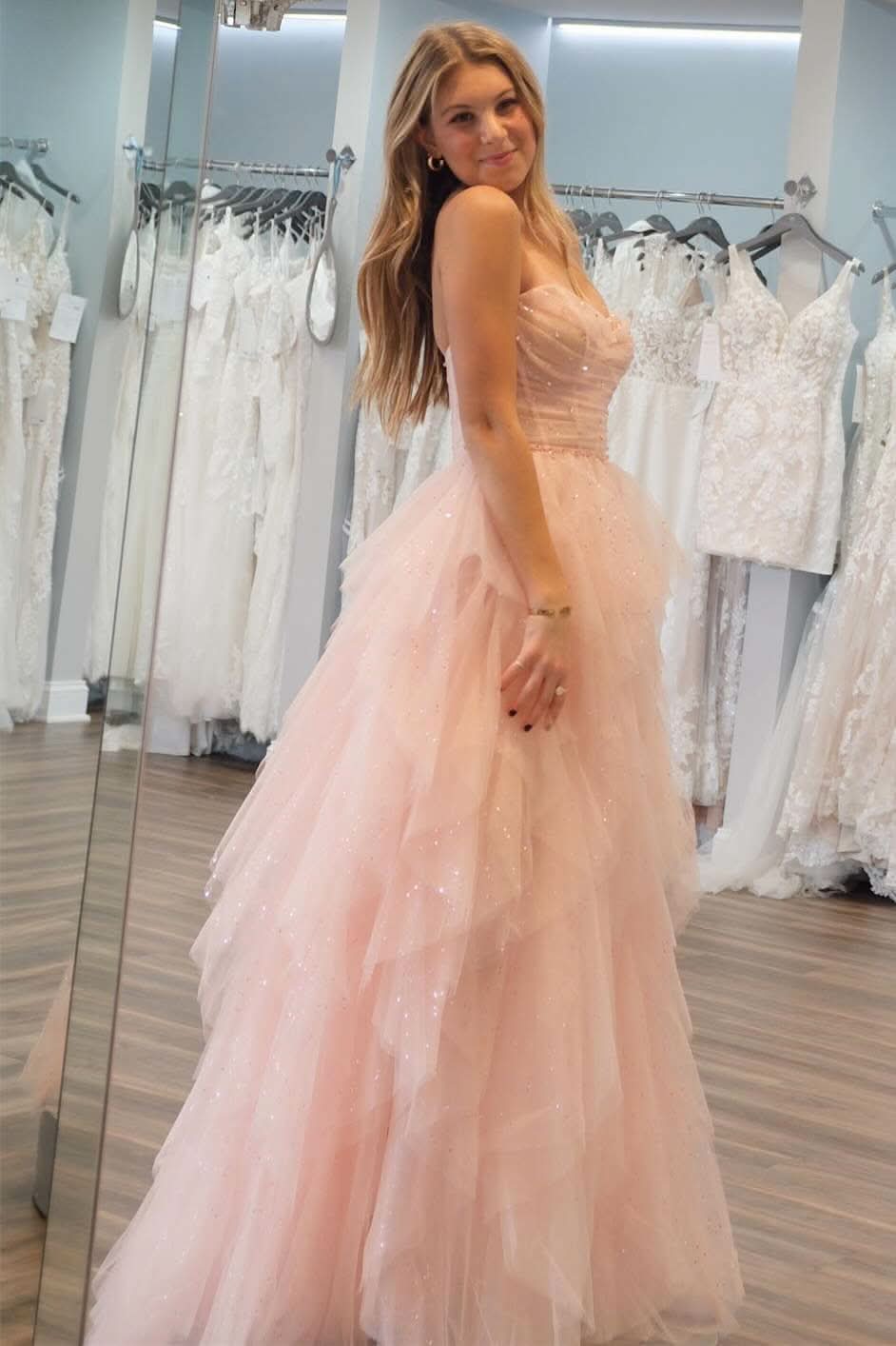Charming Strapless Light Pink Sequin Beaded Ruffle Tulle Prom Dress BM bride