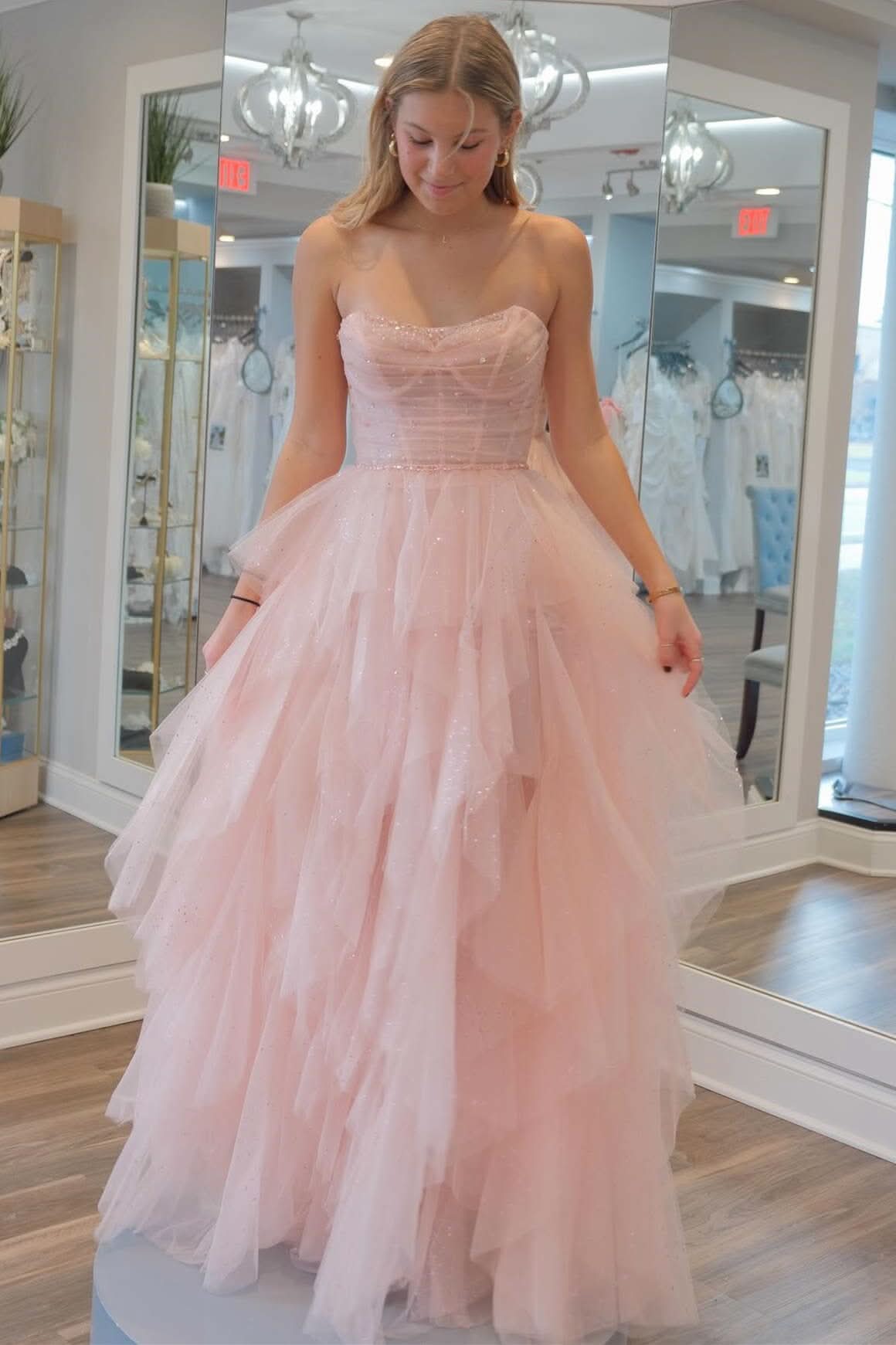 Charming Strapless Light Pink Sequin Beaded Ruffle Tulle Prom Dress BM bride
