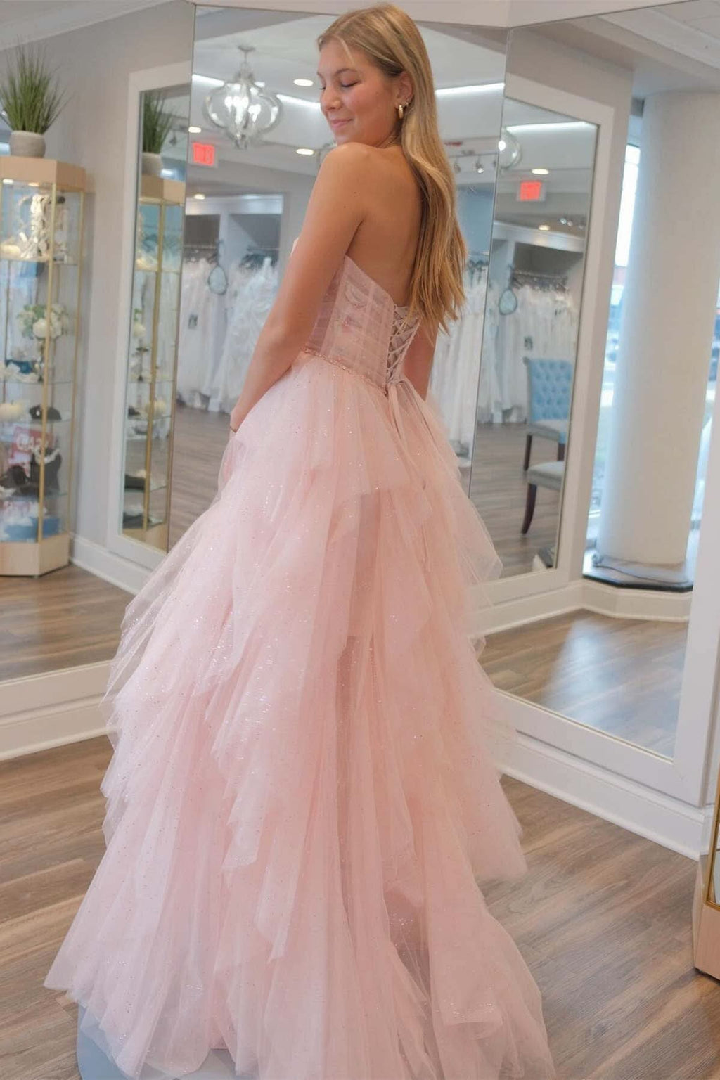 Charming Strapless Light Pink Sequin Beaded Ruffle Tulle Prom Dress BM bride
