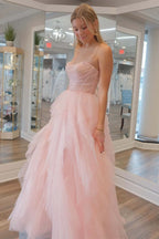 Charming Strapless Light Pink Sequin Beaded Ruffle Tulle Prom Dress BM bride