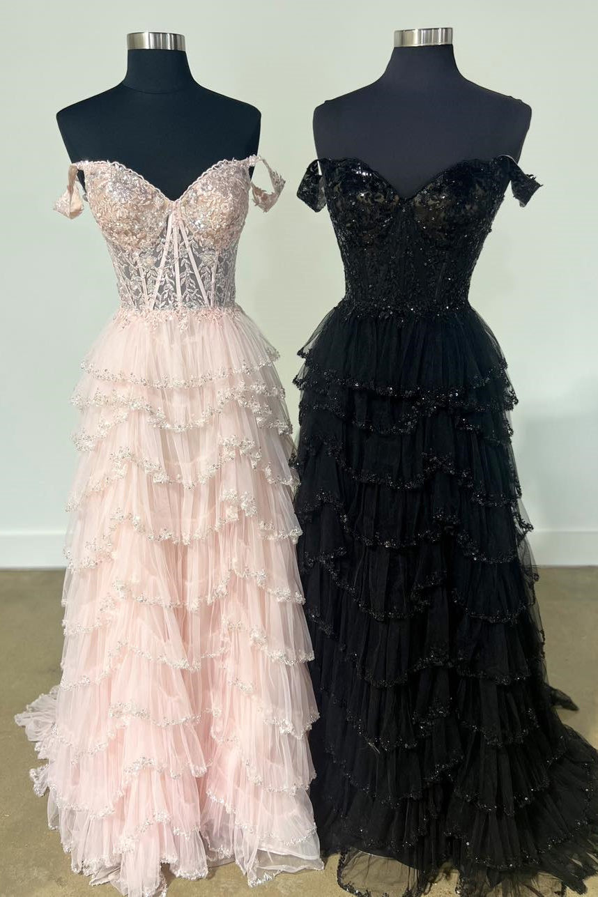 Charming A-Line Sweetheart Champagne Tulle Prom Dress with Appliques BM bride