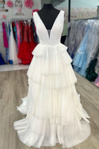 Timeless White V-Neck Pleated Layered Long Formal Dress BM bride