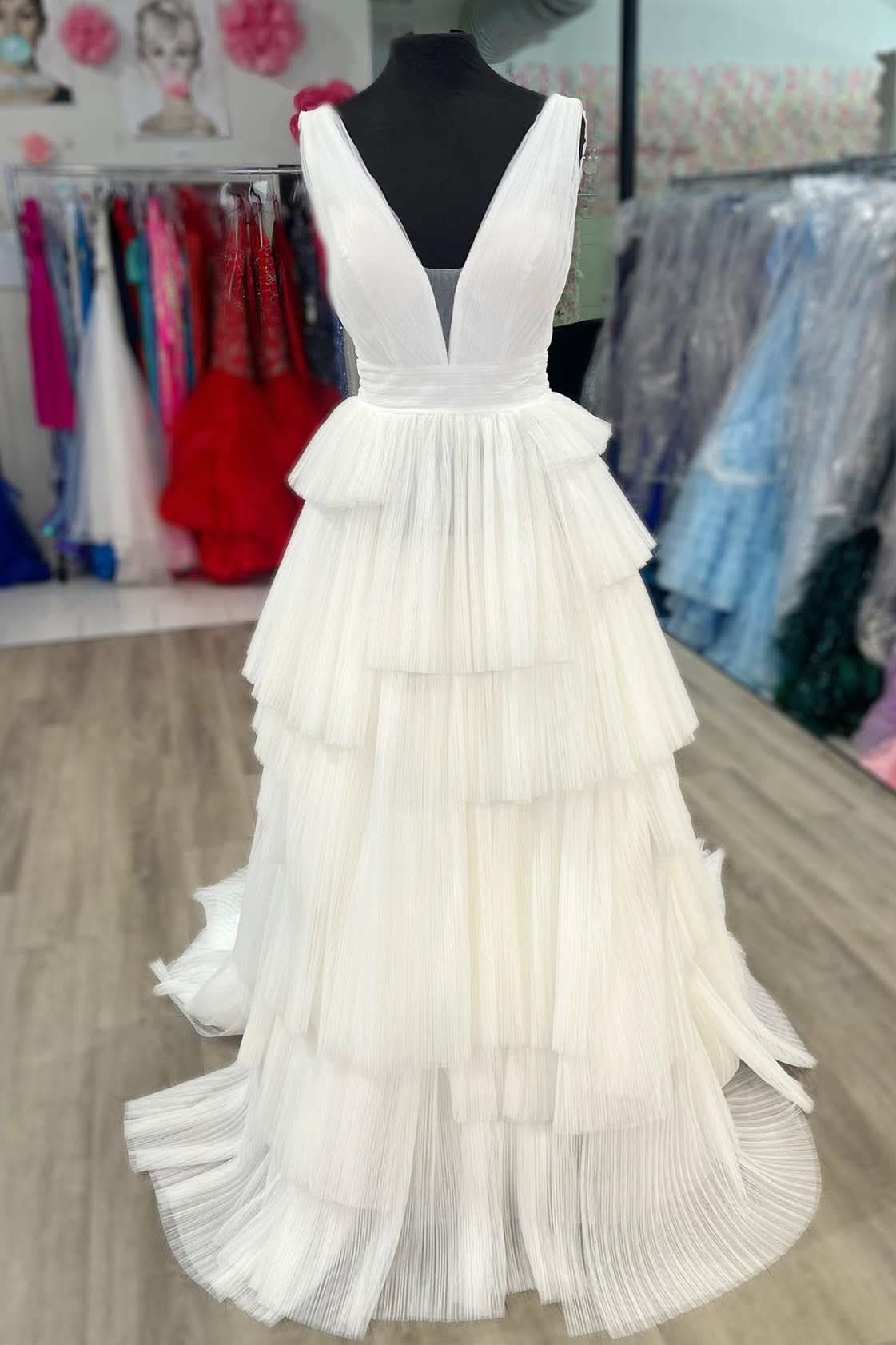 Timeless White V-Neck Pleated Layered Long Formal Dress BM bride