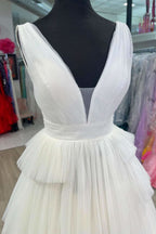 Timeless White V-Neck Pleated Layered Long Formal Dress BM bride
