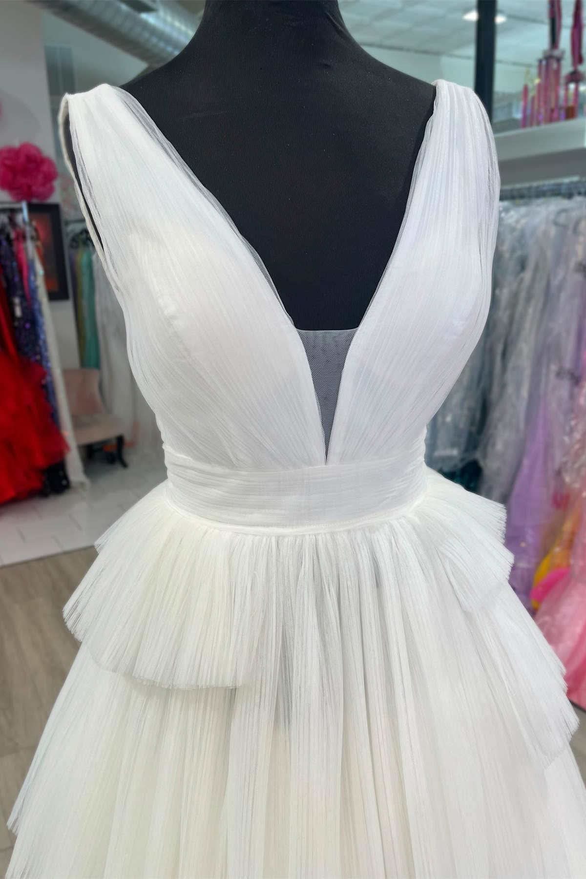 Timeless White V-Neck Pleated Layered Long Formal Dress BM bride