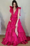 Gorgeous Plunging V-Neck Fuchsia Bow Straps Ruffle Ball Gown BM bride