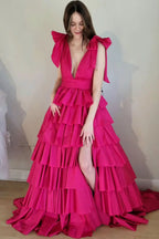 Gorgeous Plunging V-Neck Fuchsia Bow Straps Ruffle Ball Gown BM bride