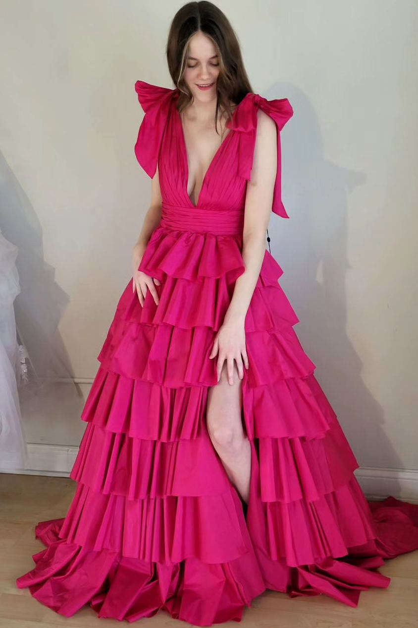Gorgeous Plunging V-Neck Fuchsia Bow Straps Ruffle Ball Gown BM bride